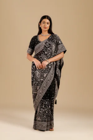 Black Pearll Black Floral Designer Saree with Silver Ethnic Border | Premium Party Wear & Festive Saree for Women