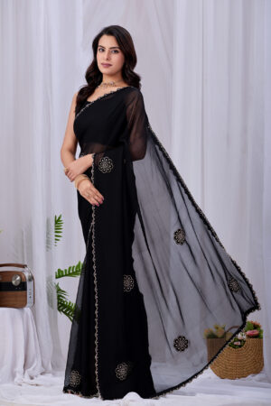 Designer Black Georgette Saree for Women | Zarkan Stone Border Saree