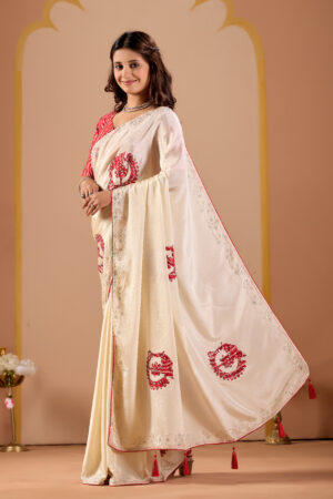 Ivory White Designer Saree for Women | Elephant Cut Work Patch | Stone Work Border | Piping Border | Tassel Pallu | Party Wear Wedding Festive Saree