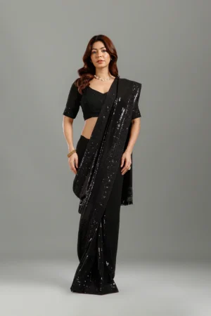 Black Pearll Black Sequin Party Wear Saree with Designer Border | Premium Elegant Saree for Women