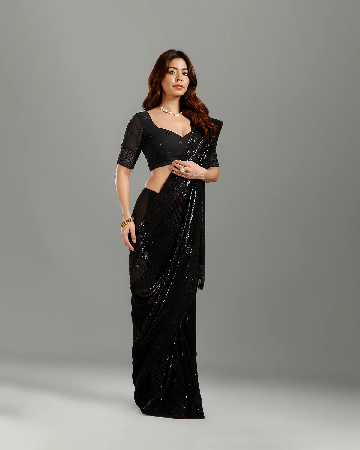 Black Pearll Black Sequin Party Wear Saree with Designer Border | Premium Elegant Saree for Women - Image 3
