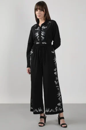 BlackPearll Black Embroidered Co-Ord Set Pants | Elegant Women's Embroidered Casual Bottom Wear