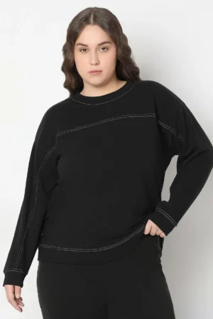 BlackPearll Curve Black Stitch Line Detailed Sweatshirt | Stylish Women's Casual Sweatshirt