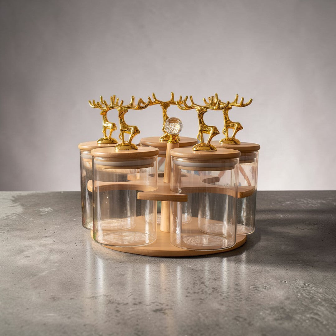 Rotating Bamboo & Glass Jar Set ? 5 Pc