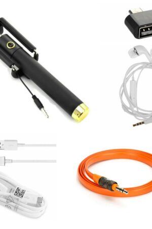 Combo Of Selfie Stick, Aux Cable, OTG, Earphone & Data Cable