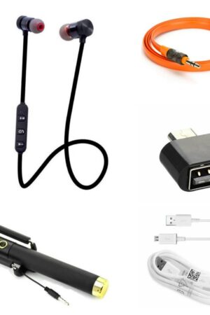 Combo Of Bluetooth Headset, Black Selfie Stick, Aux Cable, OTG & Data Cable