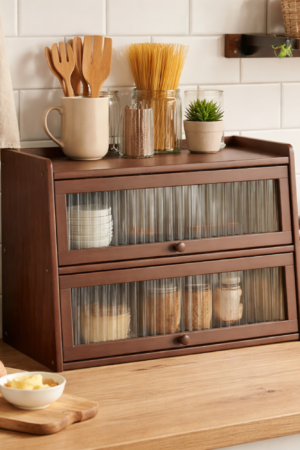 3-Tier Bamboo Cabinet with Fluted Doors | Fits Under Wall Units | Spice & Cutlery Storage