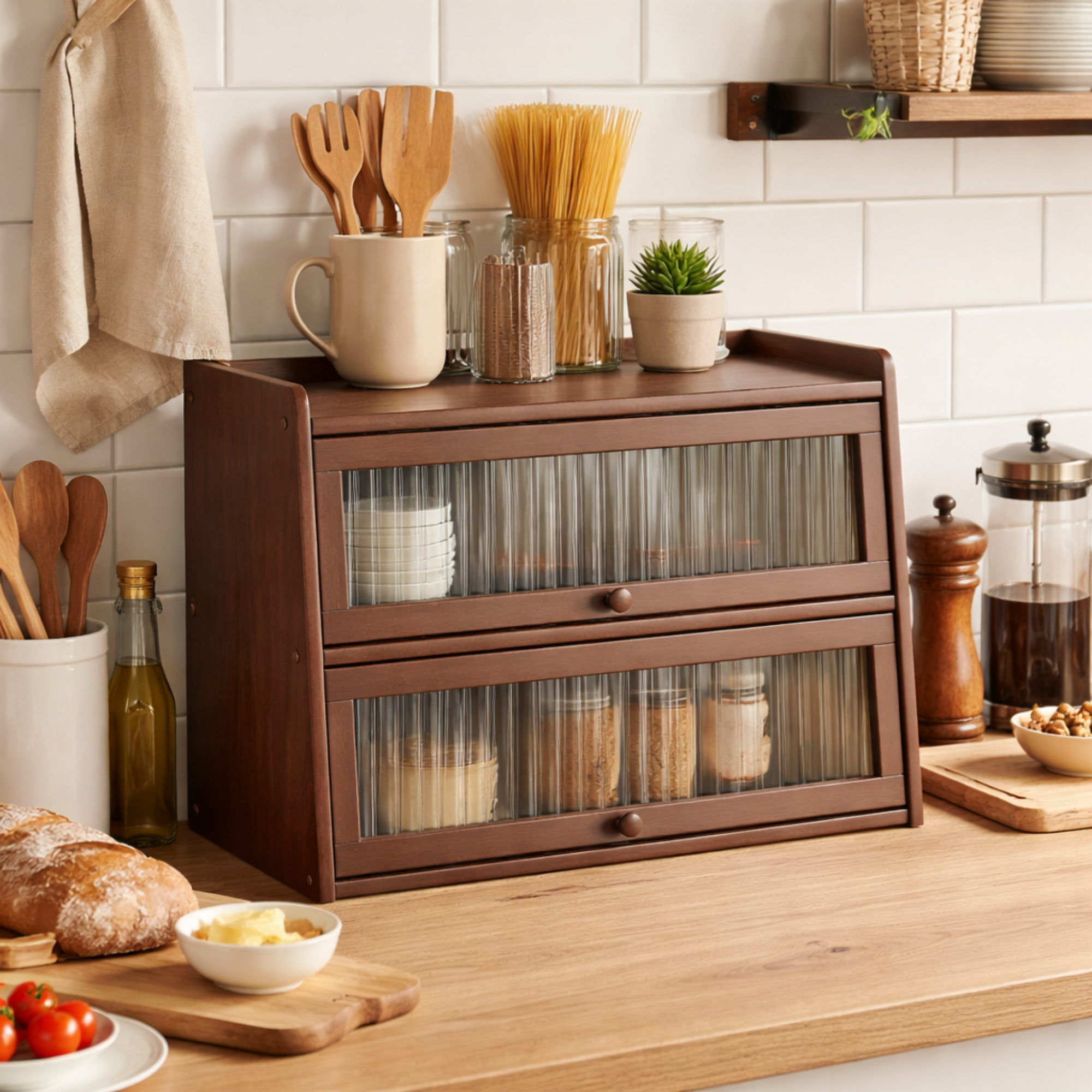 3-Tier Bamboo Cabinet with Fluted Doors | Fits Under Wall Units | Spice & Cutlery Storage