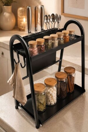 2-Tier Sliding Pull-Out Kitchen Storage Rack | Stainless Steel | Spices, Jars & Masala Organizer