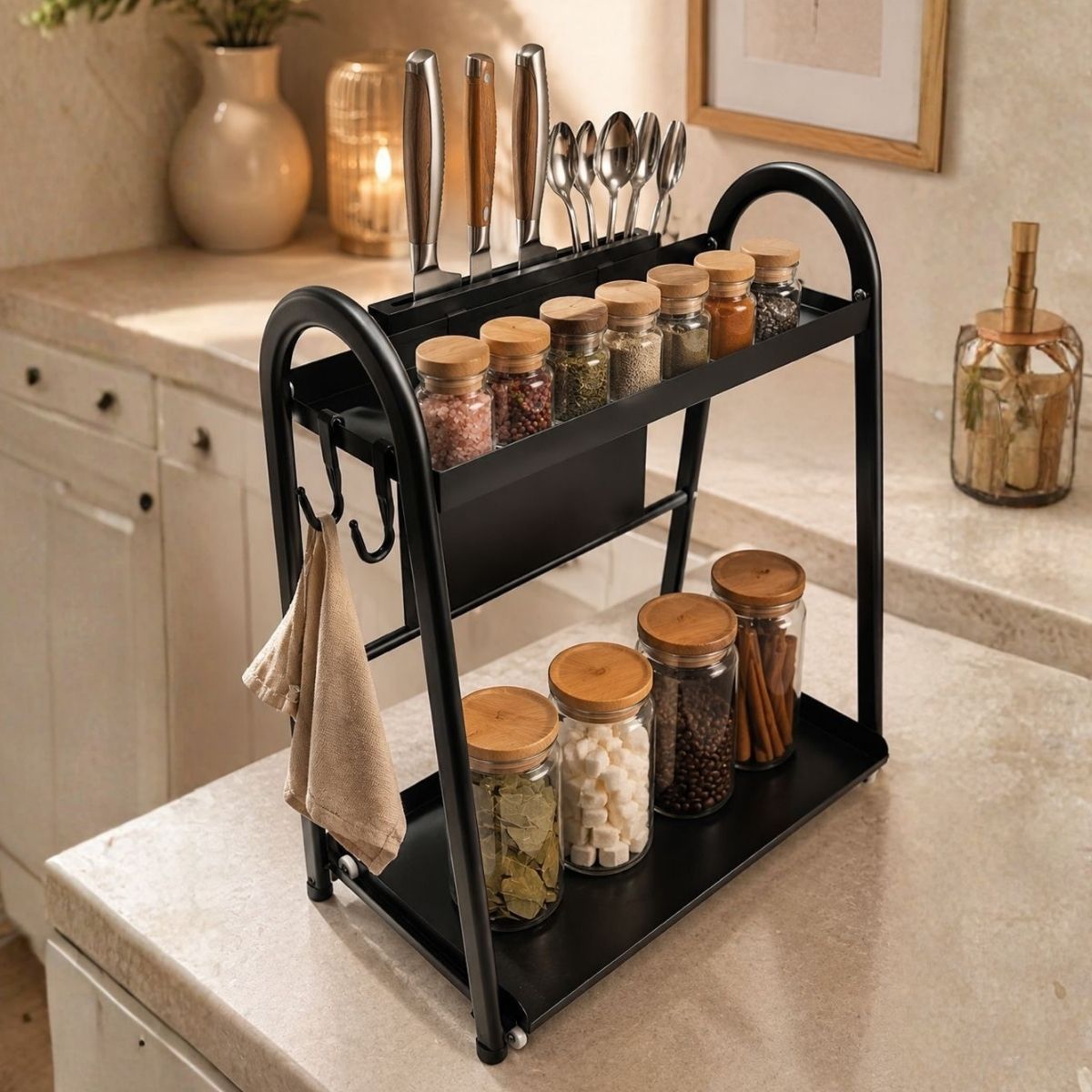 2-Tier Sliding Pull-Out Kitchen Storage Rack | Stainless Steel | Spices, Jars & Masala Organizer