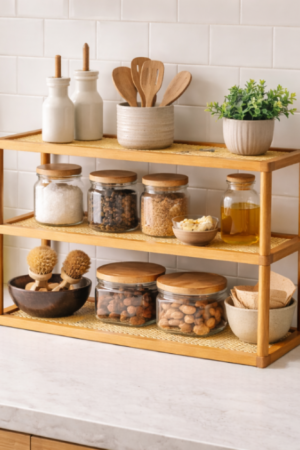 TriShelf Premium Bamboo Countertop Organizer Rack