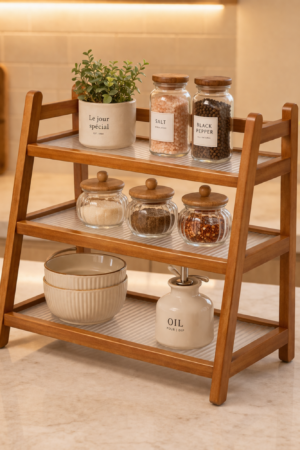 Modern Bamboo 3-Tier Countertop Organizer Rack | Fluted Fibre Glass Shelves