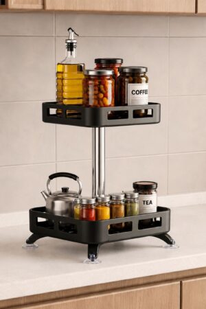 2-Tier Rectangular 360? Rotating Kitchen Rack | Stainless Steel | Spices, Jars & Masala Organizer