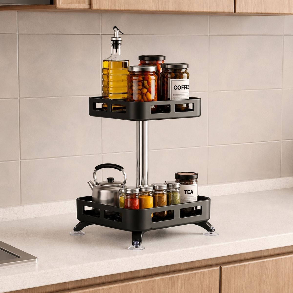 2-Tier Rectangular 360? Rotating Kitchen Rack | Stainless Steel | Spices, Jars & Masala Organizer