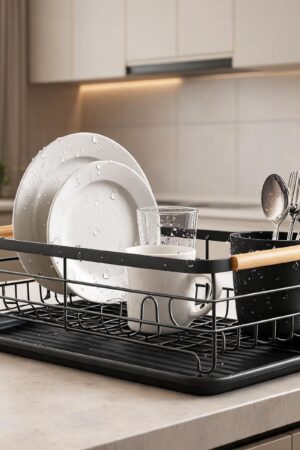 Black Steel Dish Drying Rack with Bamboo Handle