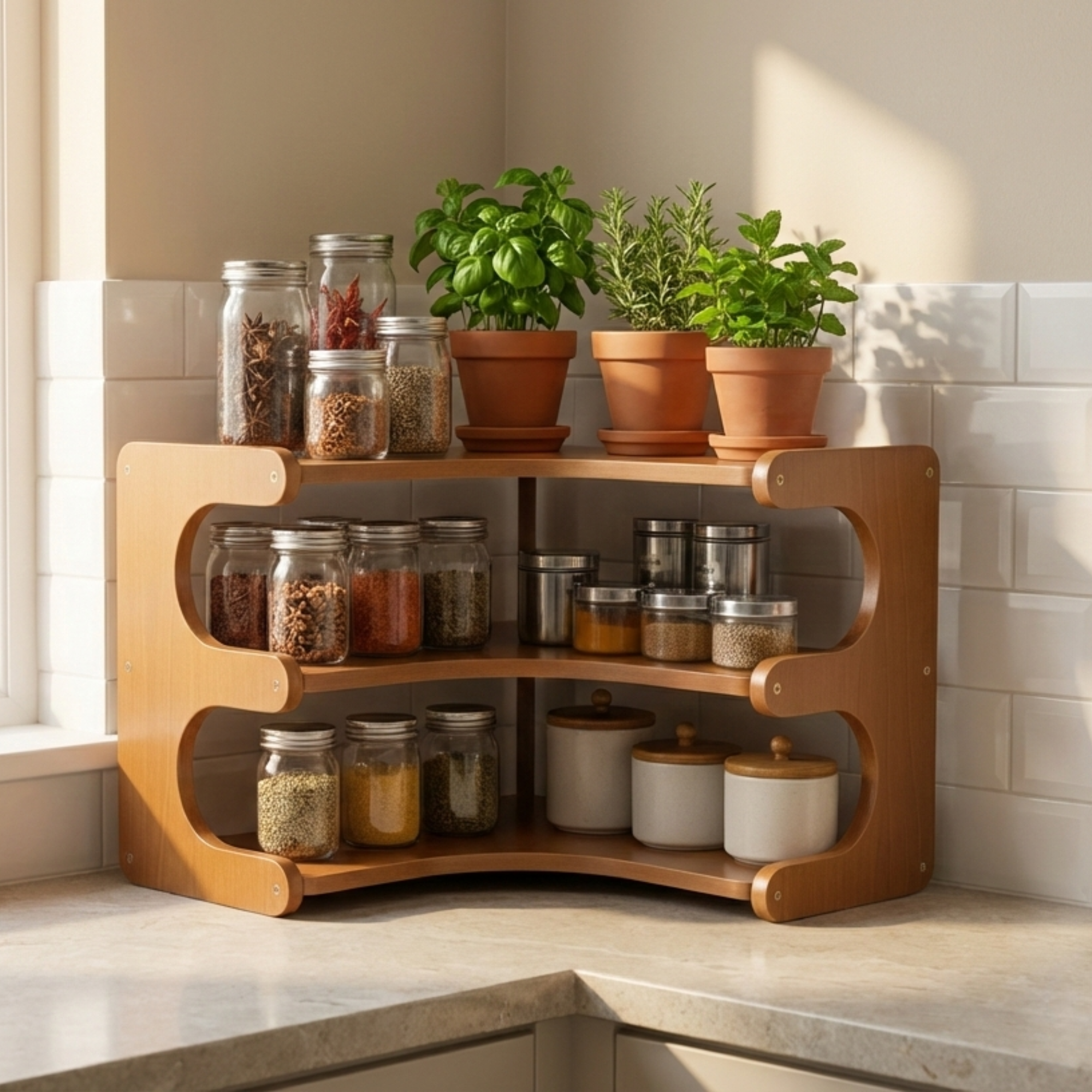 Bamboo 3-Tier Corner Kitchen Rack | L-Shape Multi-Tier Organizer for n Kitchens