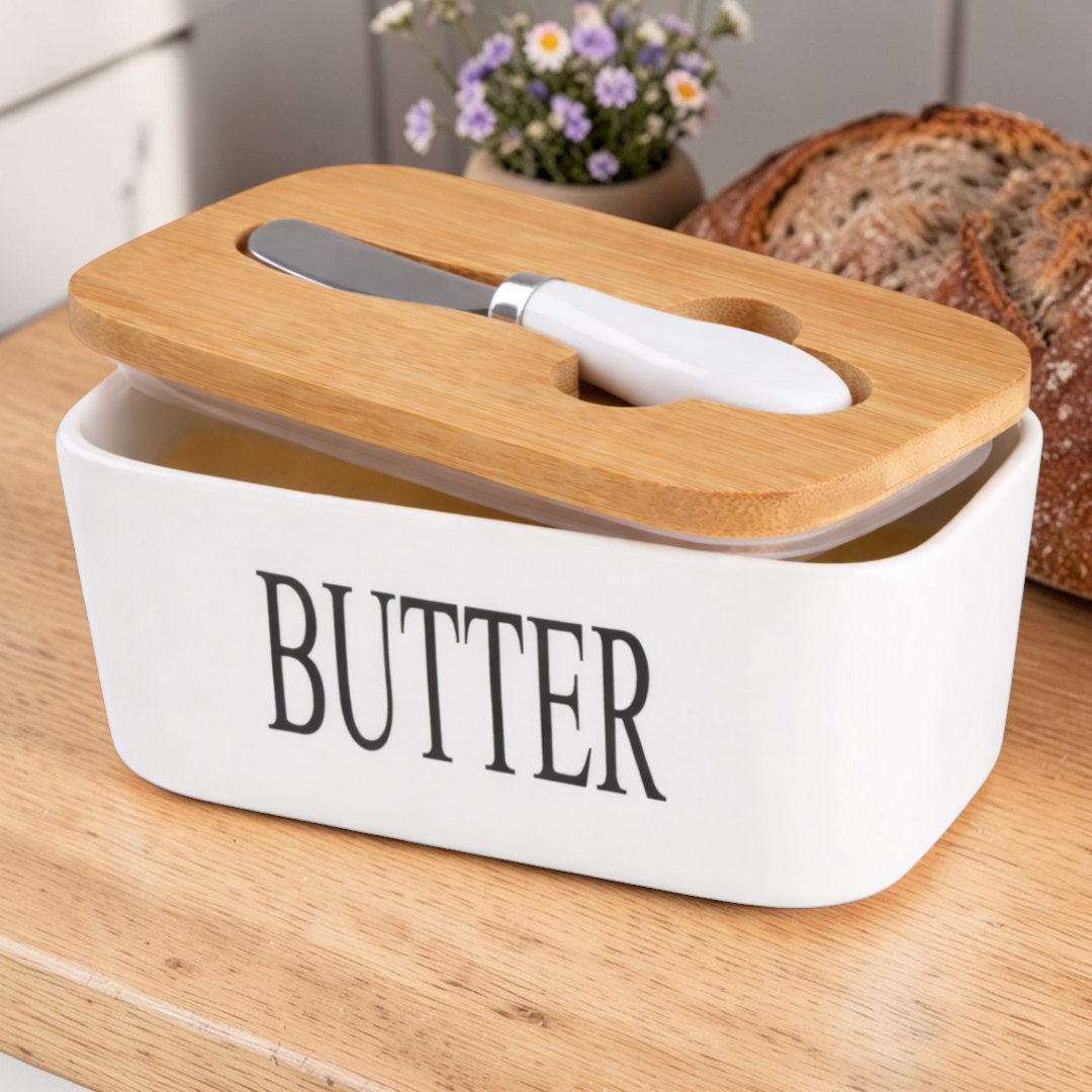 Ceramic Butter Keeper with Bamboo Lid & Knife
