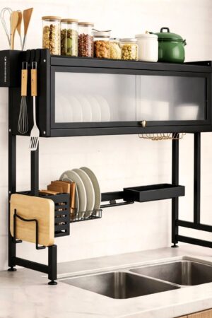 Over-Sink Dish Drying & Storage Rack with Frosted Cabinet Door | Fits n Sinks