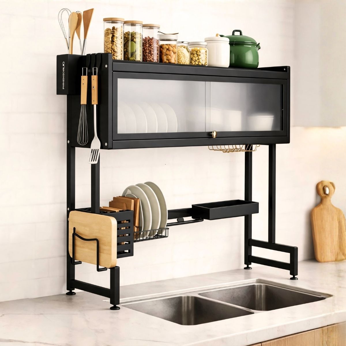 Over-Sink Dish Drying & Storage Rack with Frosted Cabinet Door | Fits n Sinks