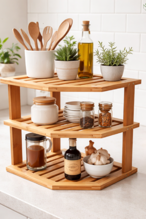 Bamboo 3-Tier Kitchen Corner Organizer Rack | Masala & Spice Storage | Natural Finish