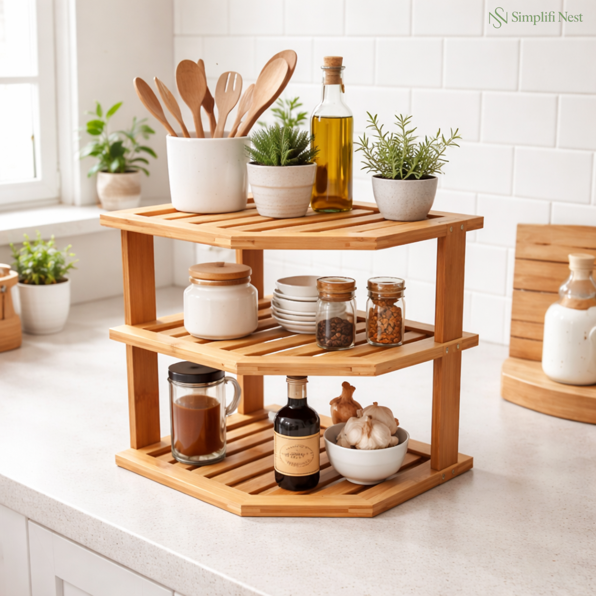 Bamboo 3-Tier Kitchen Corner Organizer Rack | Masala & Spice Storage | Natural Finish