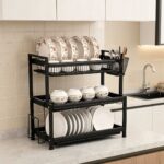 3-Tier Dish Drying Rack with 3 Removable Drip Trays & Utensil Basket | Black Powder-Coated Bartan Stand for Kitchen