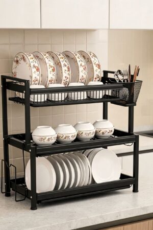 3-Tier Dish Drying Rack with 3 Removable Drip Trays & Utensil Basket | Black Powder-Coated Bartan Stand for Kitchen