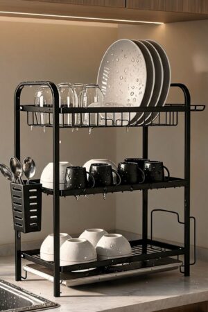3-Tier Steel Dish Rack with Drip Tray - Black Matte | For n Kitchen Countertops