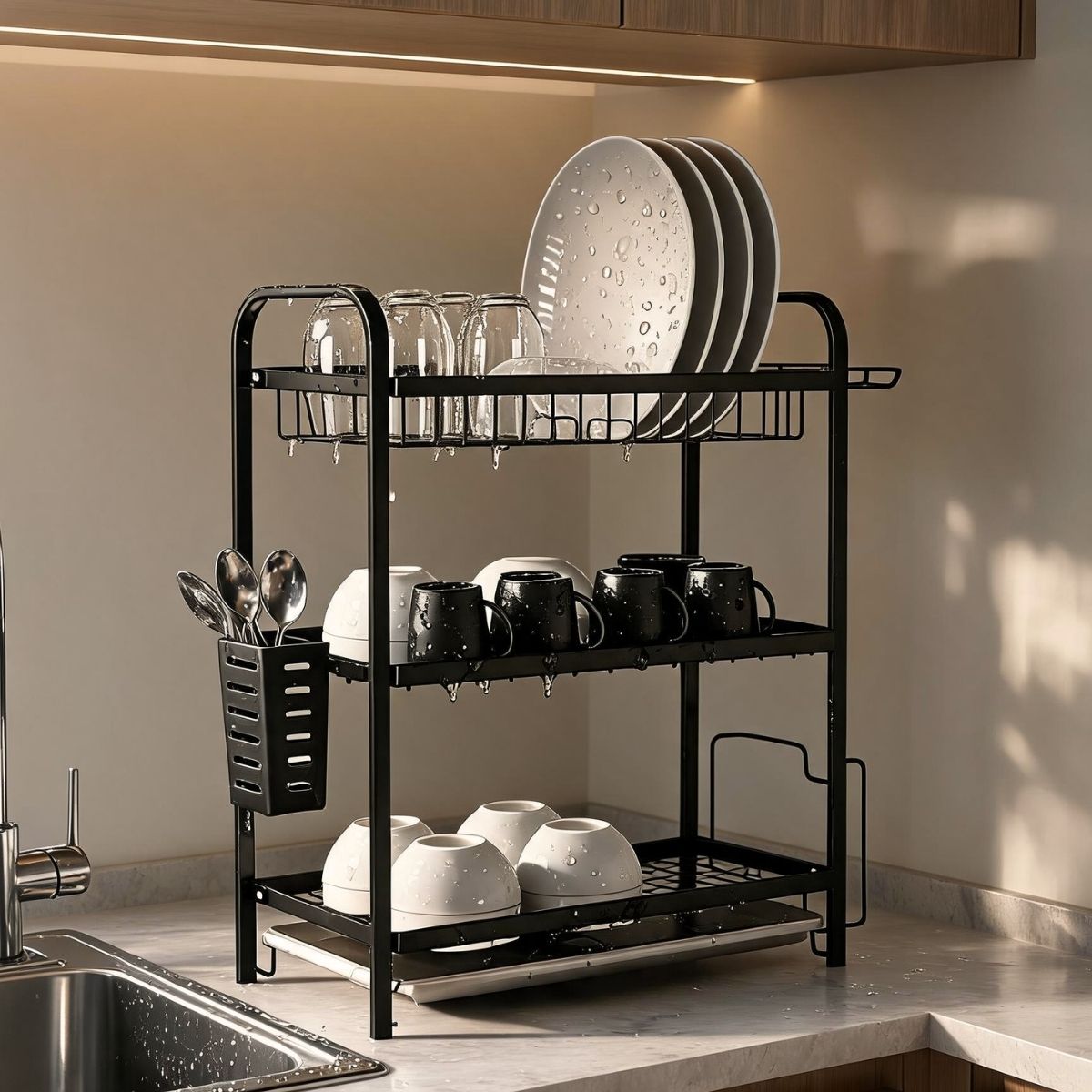 3-Tier Steel Dish Rack with Drip Tray - Black Matte | For n Kitchen Countertops