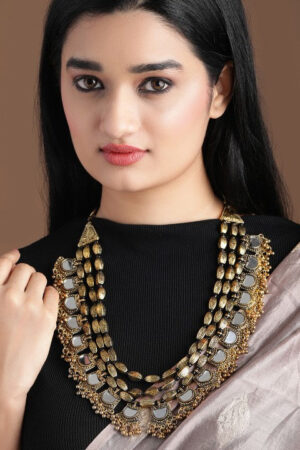 Black Pearll Dual Tone in Silver and Gold, Mirror Detailing with Gold Beads Multilayer Necklace