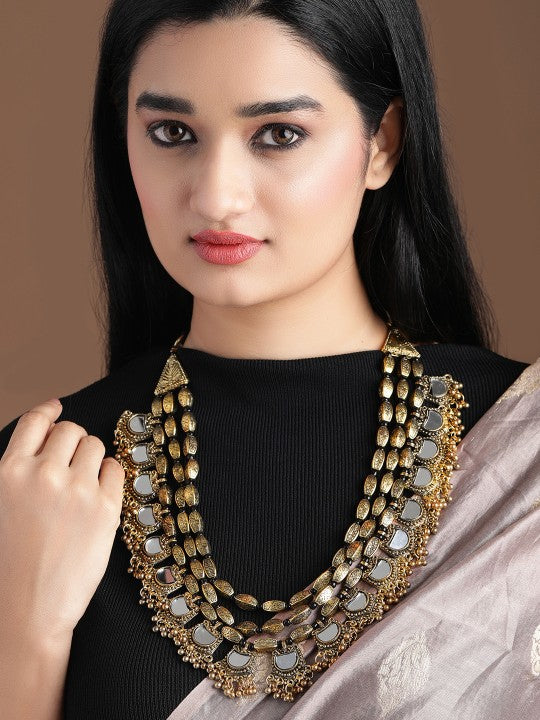 Black Pearll Dual Tone in Silver and Gold, Mirror Detailing with Gold Beads Multilayer Necklace