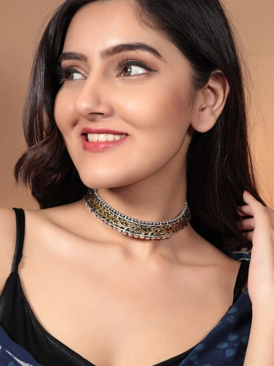 Black Pearll Silver Plated Handcrafted Dual Toned Filigree Choker