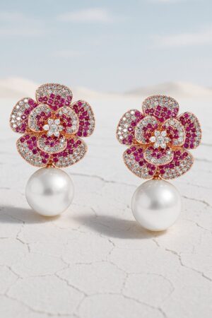 Delicate American Diamond Zirconia Flower Pearl Earrings