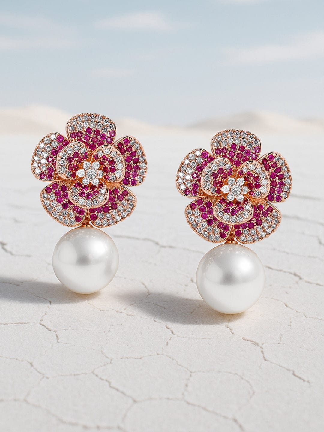 Delicate American Diamond Zirconia Flower Pearl Earrings