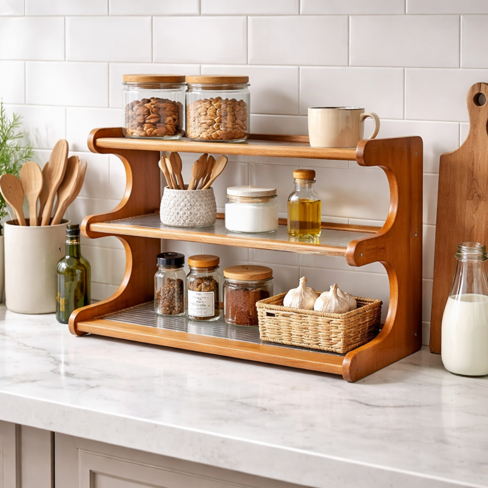 Bamboo Countertop Organiser Rack with Fibre Panels | 3-Tier & 2-Tier | Kitchen, Bathroom & Desk