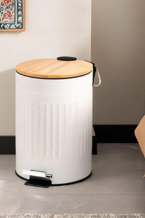 Metal Dustbin with Foot Pedal & Removable Bucket | Rust-Free Steel & Bamboo | 5L