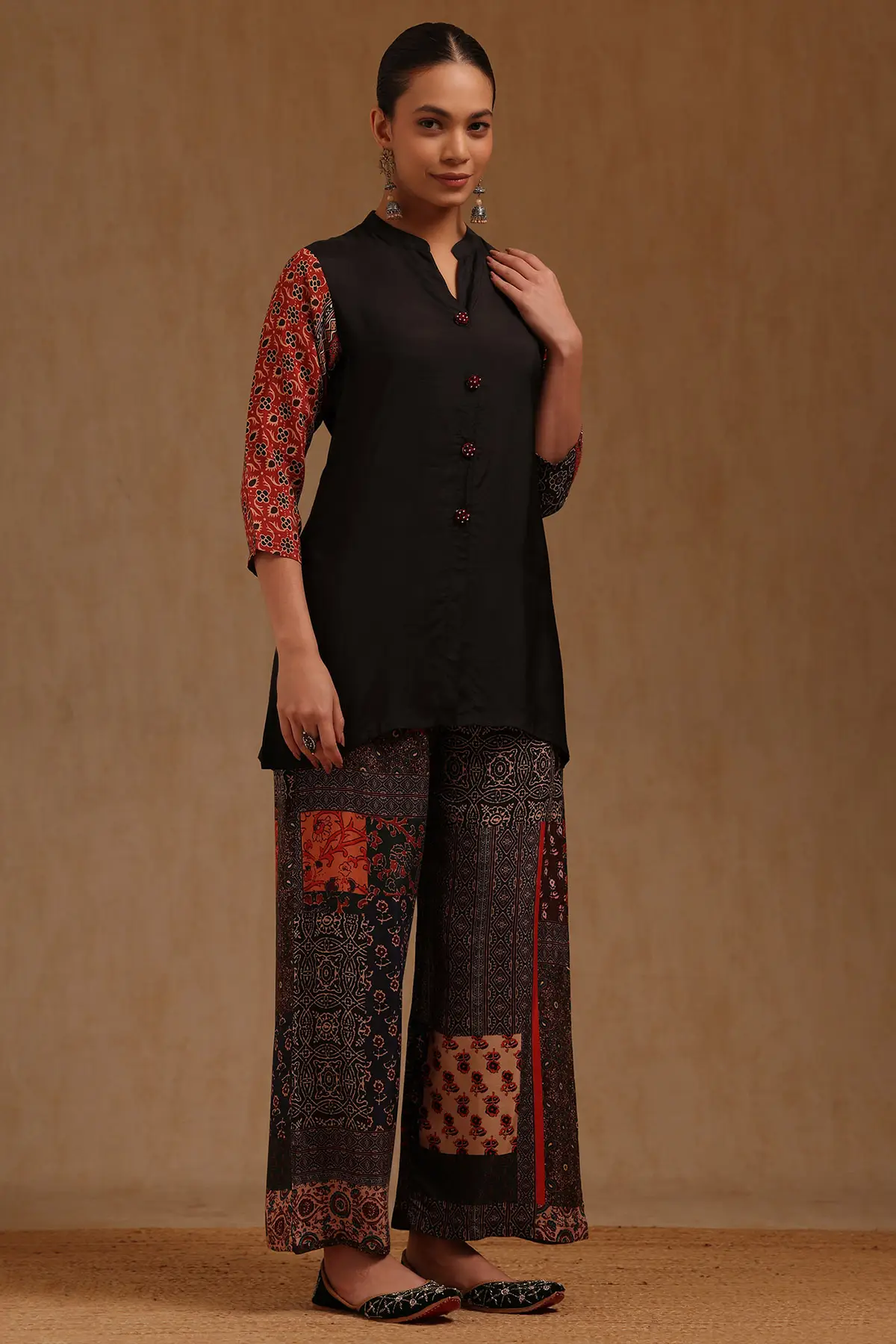 Black Pearll Black Printed Kurti with Ethnic Palazzo Pants Co-Ord Set | Designer Cotton Kurta Set for Women