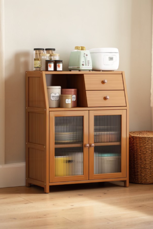 Bamboo Kitchen Sideboard & Floor Cabinet | Dual Drawers + Appliance Station | Fluted Glass-Style Doors