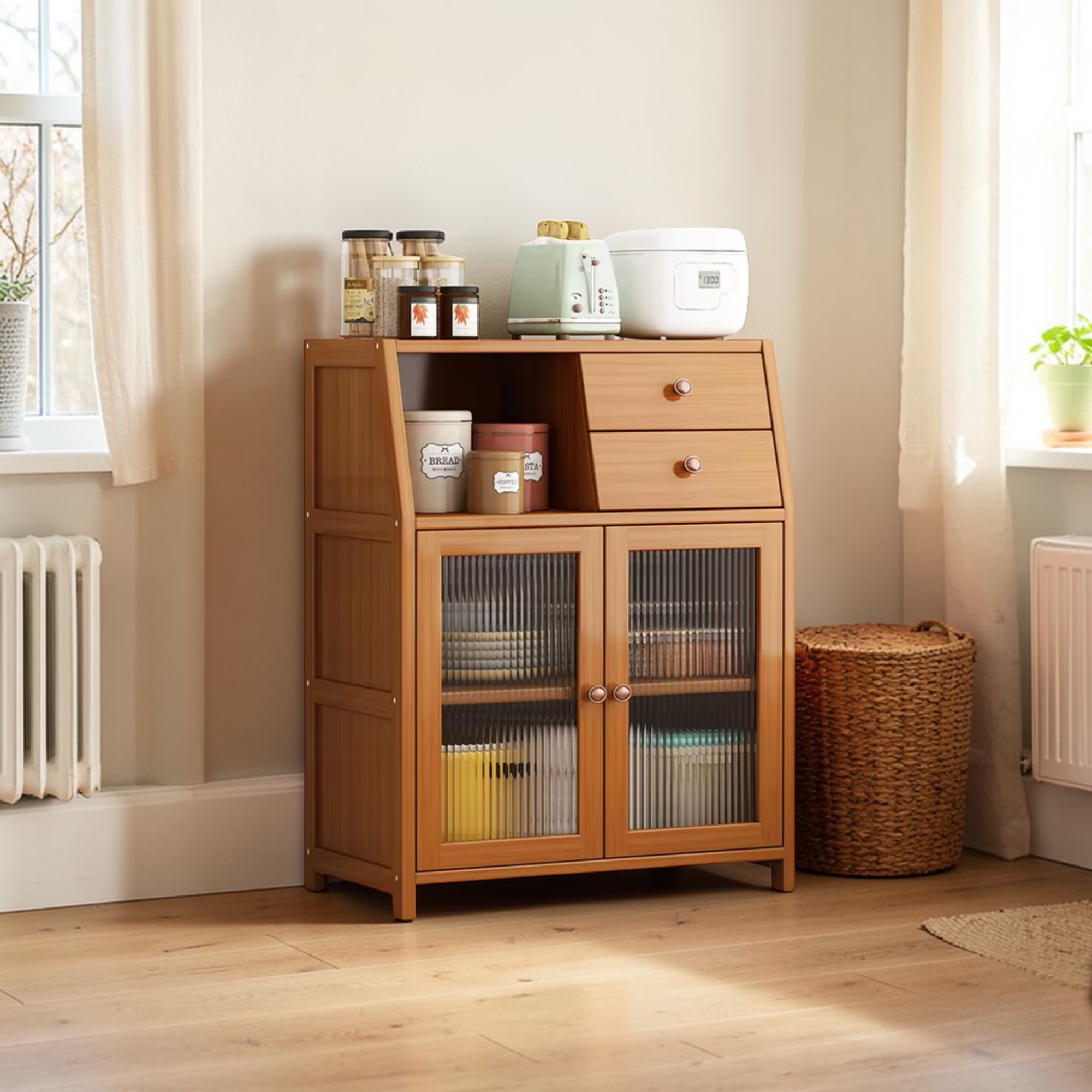 Bamboo Kitchen Sideboard & Floor Cabinet | Dual Drawers + Appliance Station | Fluted Glass-Style Doors