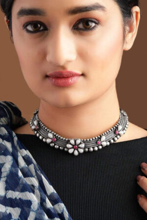 Black Pearll Silver Plated Handcrafted Oxidised Floral Choker