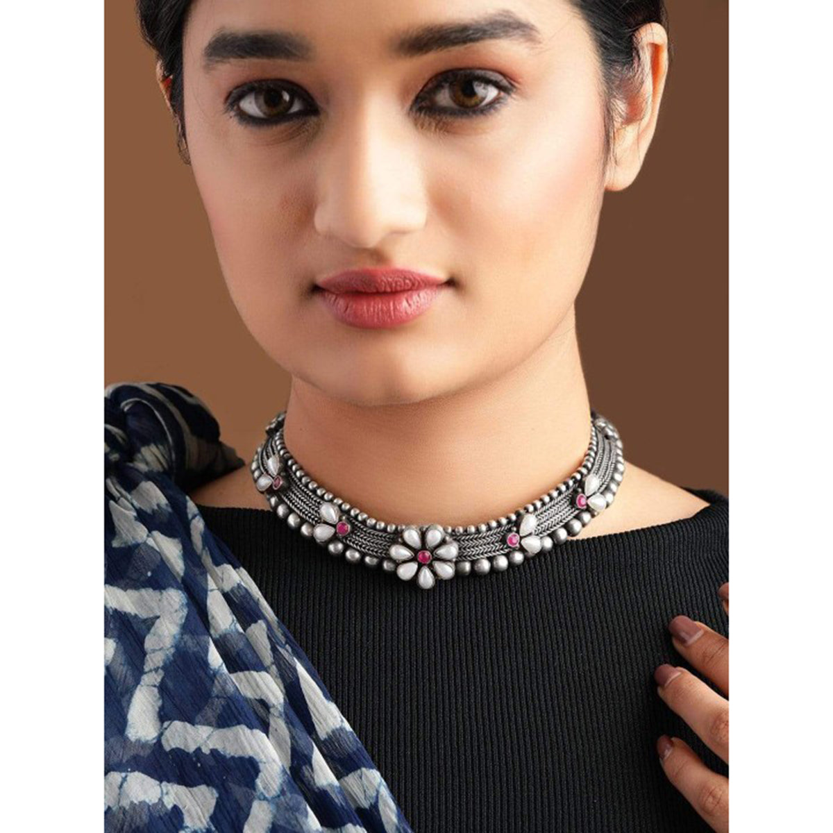 Black Pearll Silver Plated Handcrafted Oxidised Floral Choker