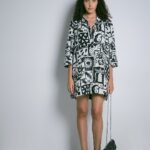 Black Printed Linen Mini Shirt Dress
