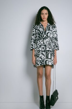Black Printed Linen Mini Shirt Dress