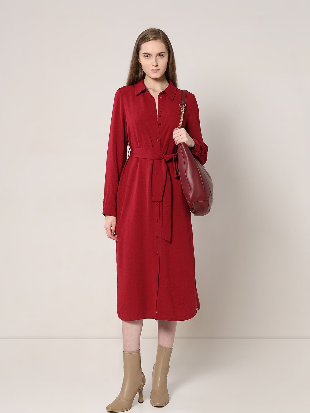 Red Midi Shirt Dress