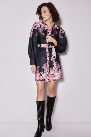 Black Floral Print Short Shirt Dress