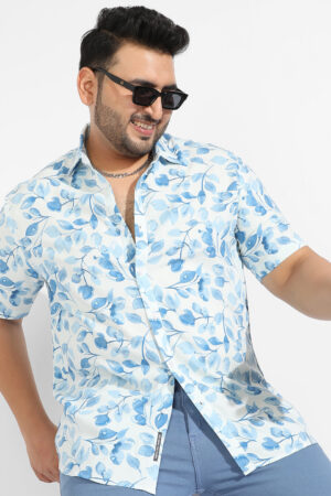 White & Blue Artistic Foliage Print Shirt