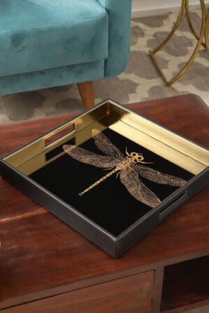 Azalea Dragonfly Black & Gold Square Tray