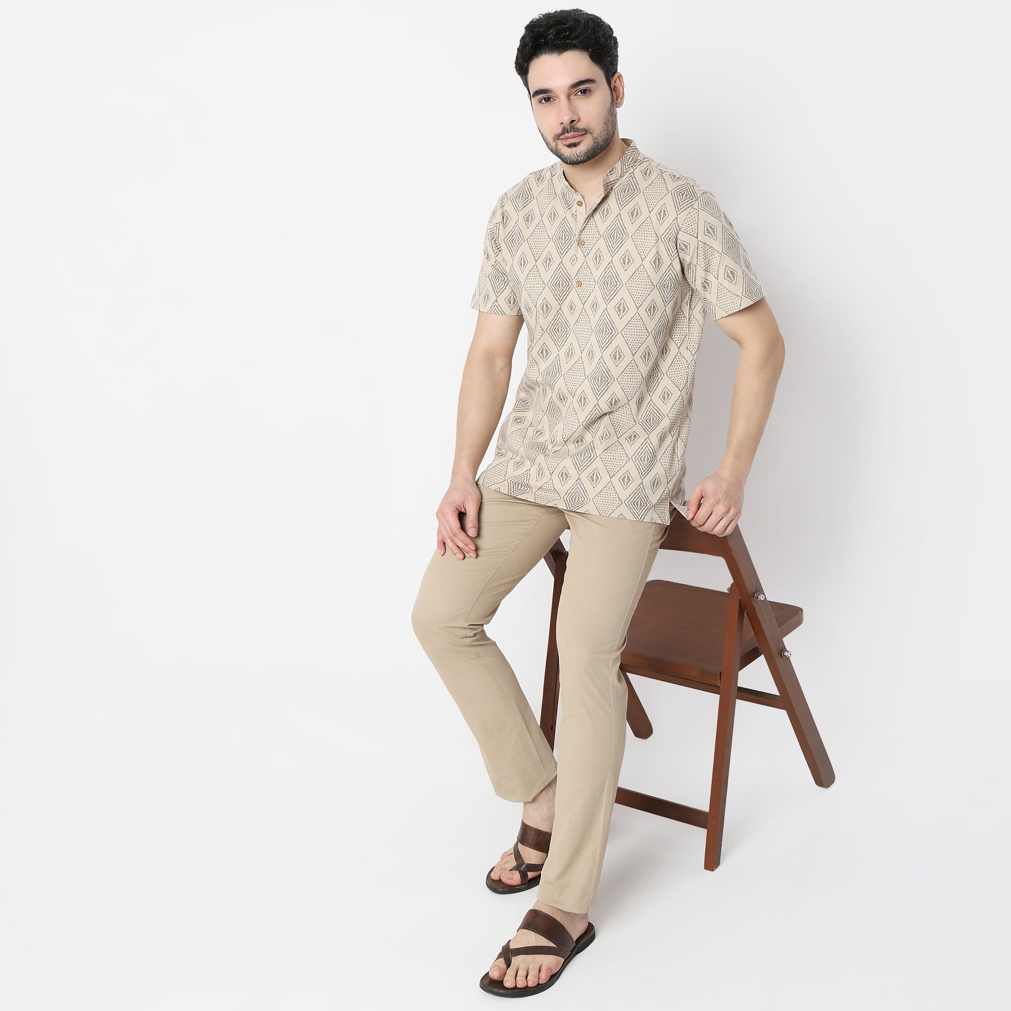 Printed Half Sleeve Mandarin Collar Knit Short Kurta