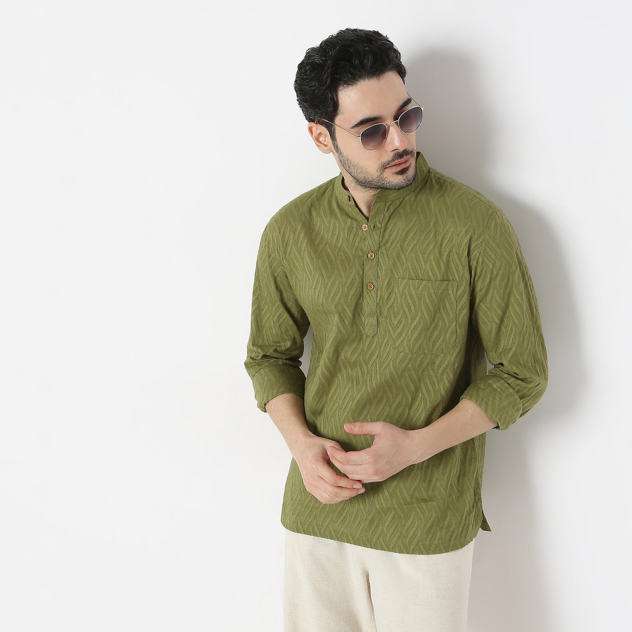 Jacquard Full Sleeve Printed Short Kurta