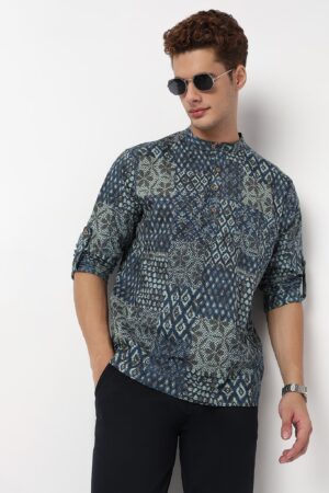 Printed Cotton Mandarin Collar Short Kurta